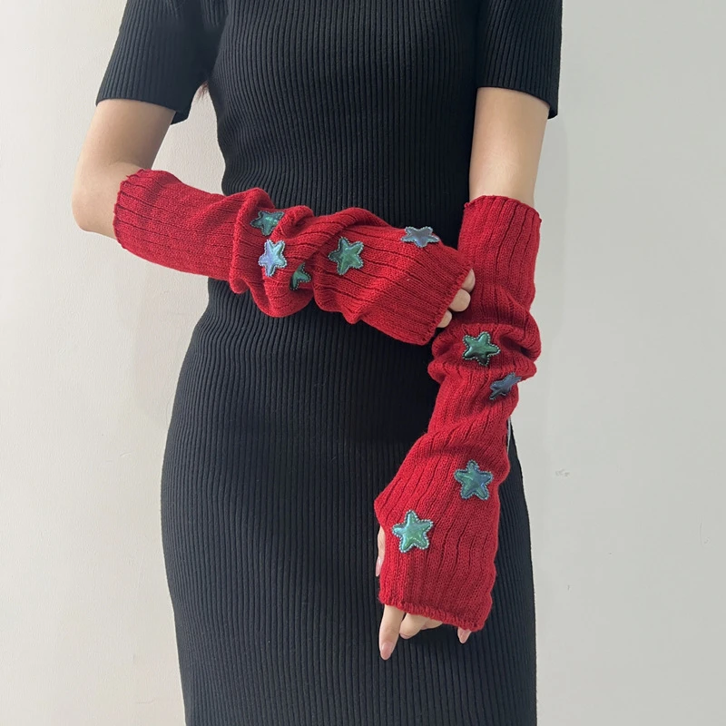 

Red Knitted Arm Cover Hip-Hop Long Fingerless sleeves Stretchy Elbow Decoration Thumb Hole Gloves Teens Cosplay