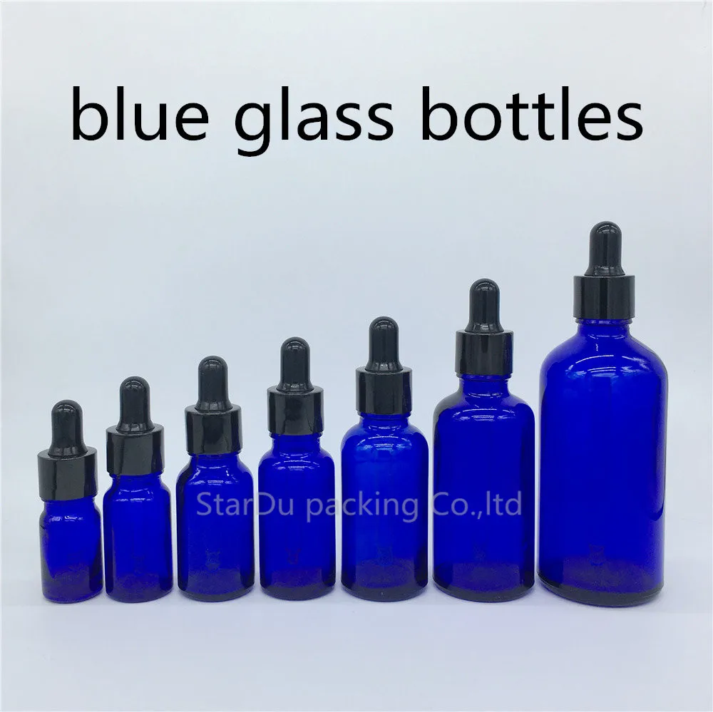 5ml, 10ml,15ml,20ml,30ML,50ml,100ml Blue Glass Bottle With Black Dropper Essential Oil Bottle , Blue Perfume Bottles 100pcs