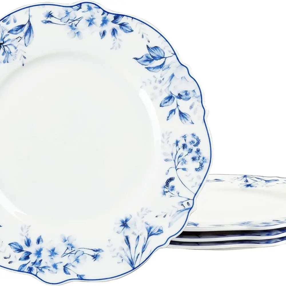 

8 Inch Blue Floral Porcelain Dessert Plates Set of 4, Scalloped Ceramic Salad Plates for Appetizer, Microwavable Plates