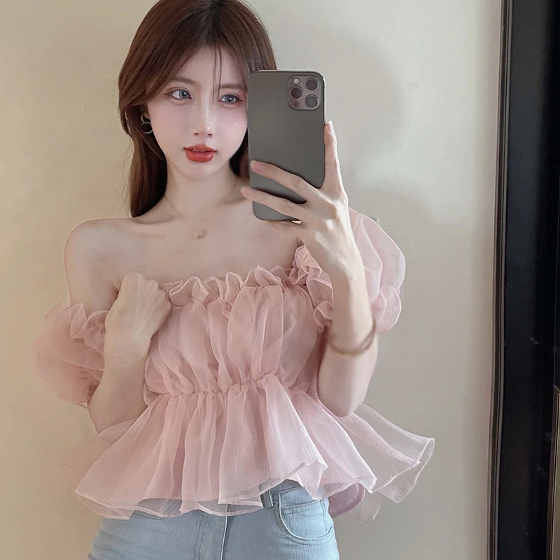 Puff Sleeve Blouses For Women Trendy Summer Cute Popular Ulzzang Solid Ruffles Slim Fit College All-match Korean Style