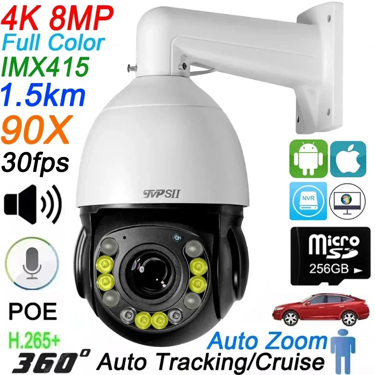 auto camera de vigilancia infravermelha a cores completa do seguimento 30fps 8mp 4k h265 mais zumbido 90x otico audio 360 onvif ptz ponto de entrada velocidade do ip 01