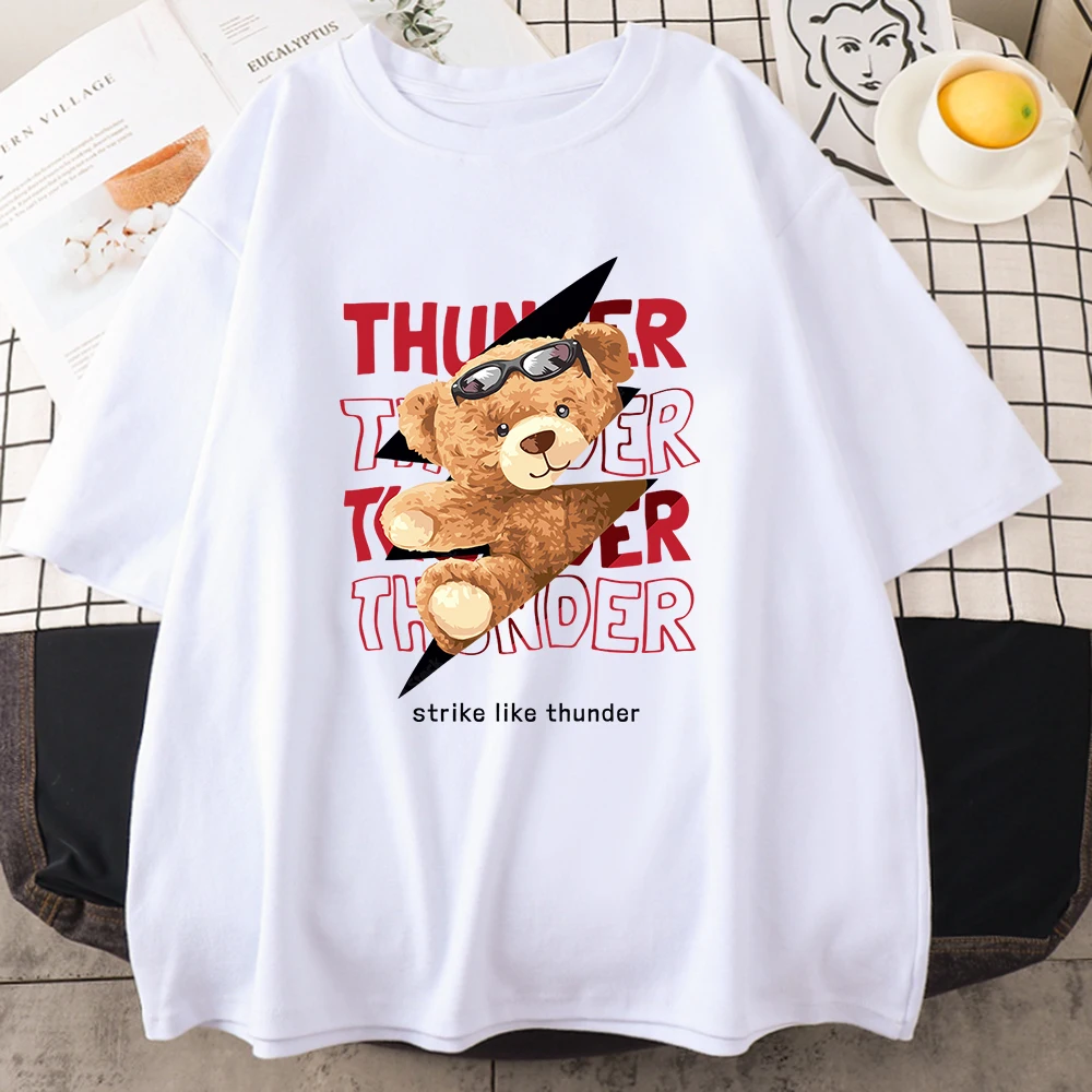 Teddy Bear Strike Like Thunder Man T Shirts Street Creative Tee Clothing Breathable Casual Cotton Tops Hip Hop Mens Short Sleeve