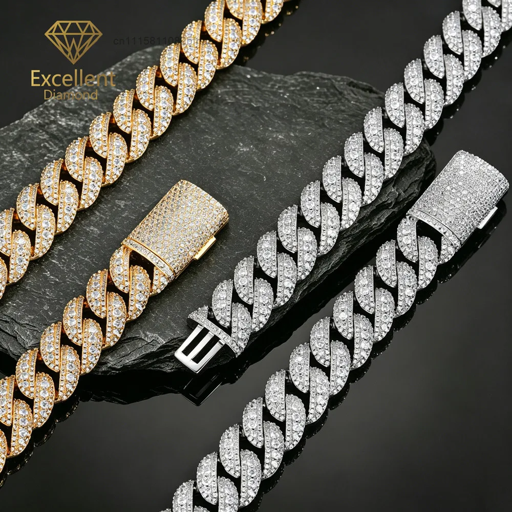 Elegant Premium Moissanite Cuban Link Chain Necklace Bezel Setting 18K Gold Plated Hip Hop Mens Fine Jewelry Gift，