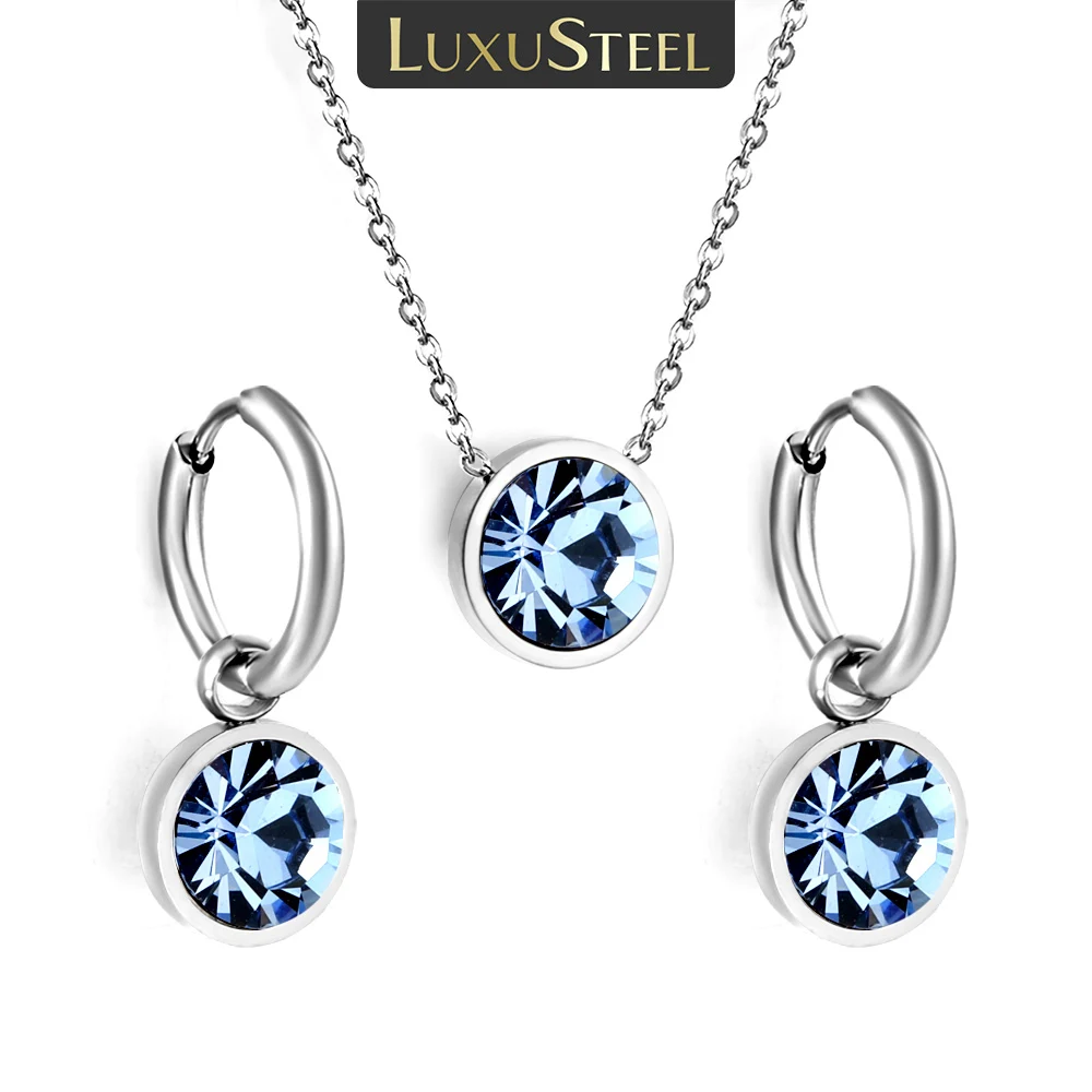 LUXUSTEEL Blue Color Cubic Zirconia Women's Pendants Necklace Earring Sets Stainless Steel Chain Necklace Jewelry Wedding Set