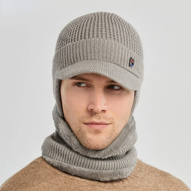 Winter Hat with Scarf Set Skullies Beanies for Men Knitted Hat Women Mask Thicken Balaclava Earflap Bonnet Male Neck Tube