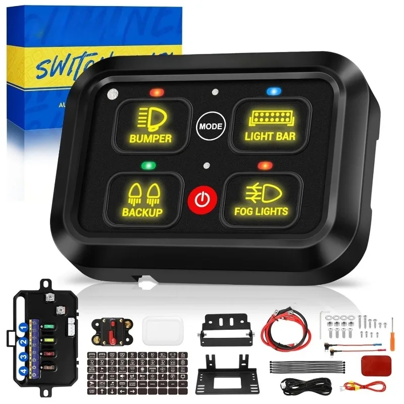 

RGB 4 Gang Switch Panel A24 Auxiliary Switch Panel with Relays Box 3 Lighting Modes Auto Dimmable Backlit Switch Panel