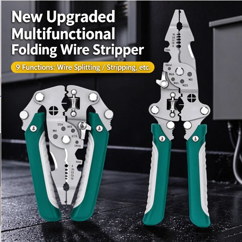 Foldable Multifunctional Wire Stripper Pliers, Electrician Cable Stripping Splitting & Crimping Hardware Tool