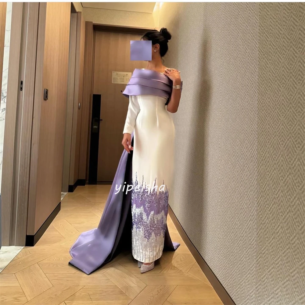 Exquisite Satin Tiered Sequined Pleat Ruched Column Poretrait Long Dresses Prom Dresses Classic Modern Style Chinese Style