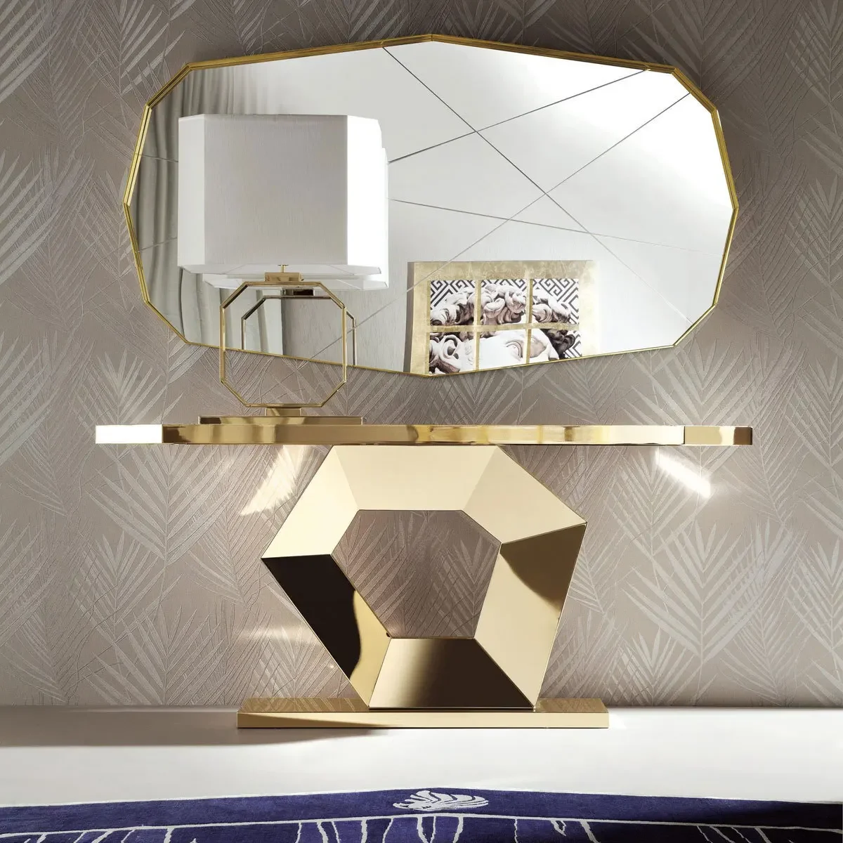 Light luxury marble stainless steel hexagonal entrance platform aisle against the wall entrance table corridor table sofa