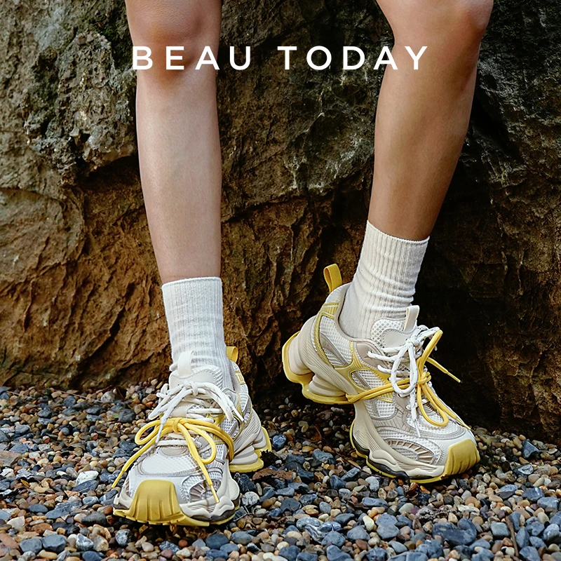 BEAUTODAY Chunky Sneakers Women Synthetic Leather Mesh Round Toe Lace-up Sports Trainers Ladies Patchwork Shoes Handmade 29A51