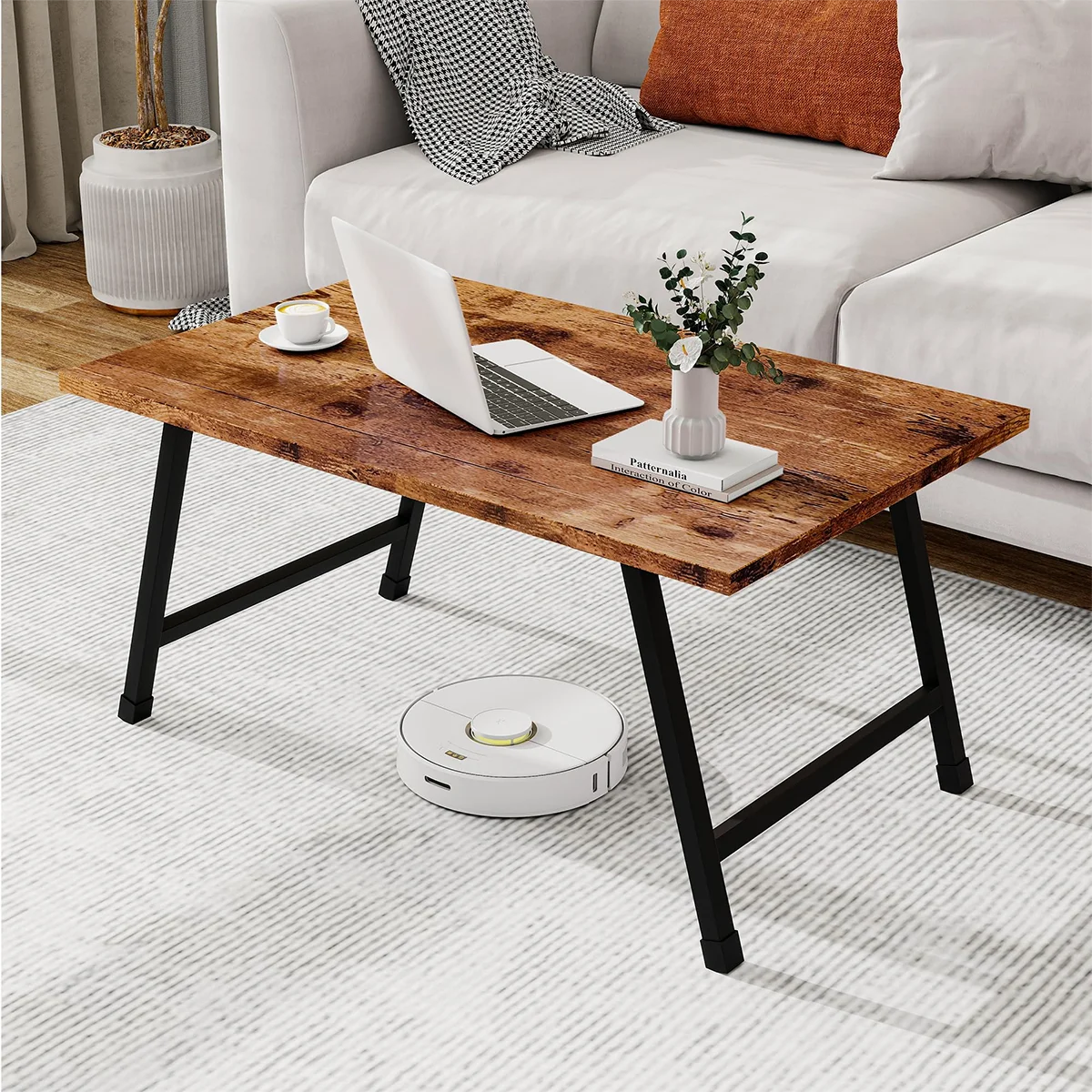 Black Coffee Table Foldable,Simple Modern Rectangular Center Table, Industrial Wood Tabletop and Metal Frame, Low Coffee Table