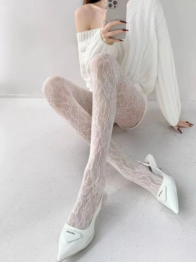 Damen Sexy Netzstrümpfe Sommer Dünne Retro Blumen-Mesh-Strumpfhose Elastische Schlankheits-High-Waist-Strumpfhose mit Lochmuster im Lolita-Stil – Detail 3