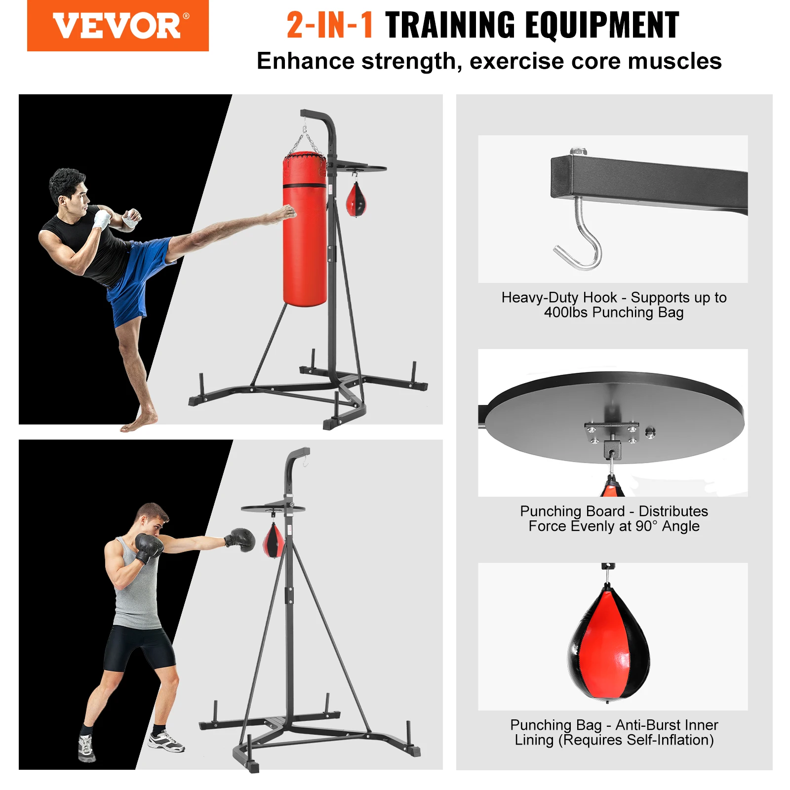 VEVOR 2 in 1 Punching Bag Stand Steel Heavy Duty Workout Equipment Adjustable Height Boxing Punching Bag Holds Up to 400 lbs