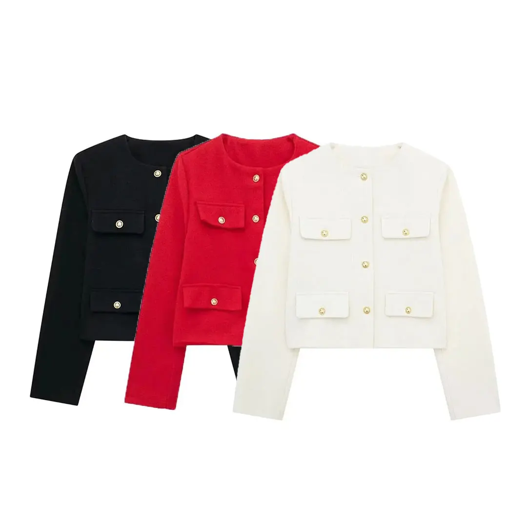 2024 Spring Woman Fashion Short Textured Coat Solid Buttons Pockets Blazer Female Chic Street Outerwear Women\'s Jacket