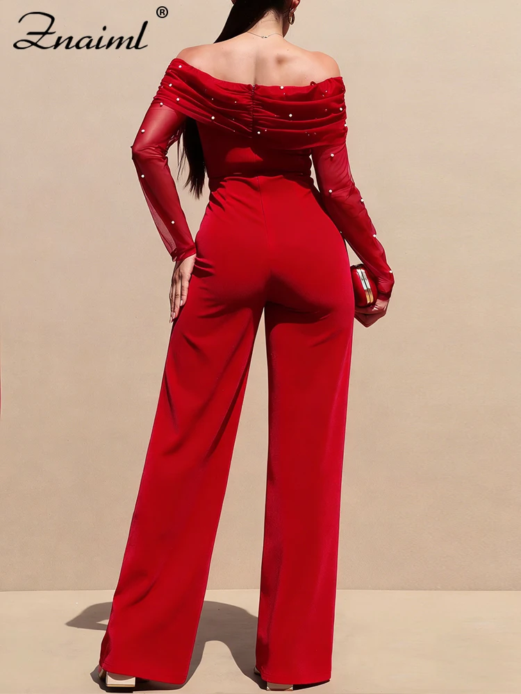 Znaiml Parel Mesh Patchwork Jumpsuit Vrouwen Sexy Off Schouder Slash Hals Lange Mouw Elegante Wijde Pijpen Broek Party Overalls 2026