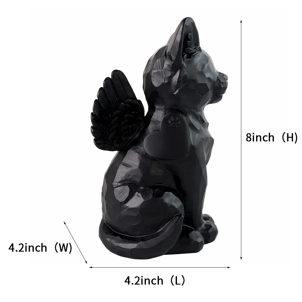 Personalized Black Cat Angel Memorial Garden Statue With Cat Cremation Urn Features- 7.4inch(H)