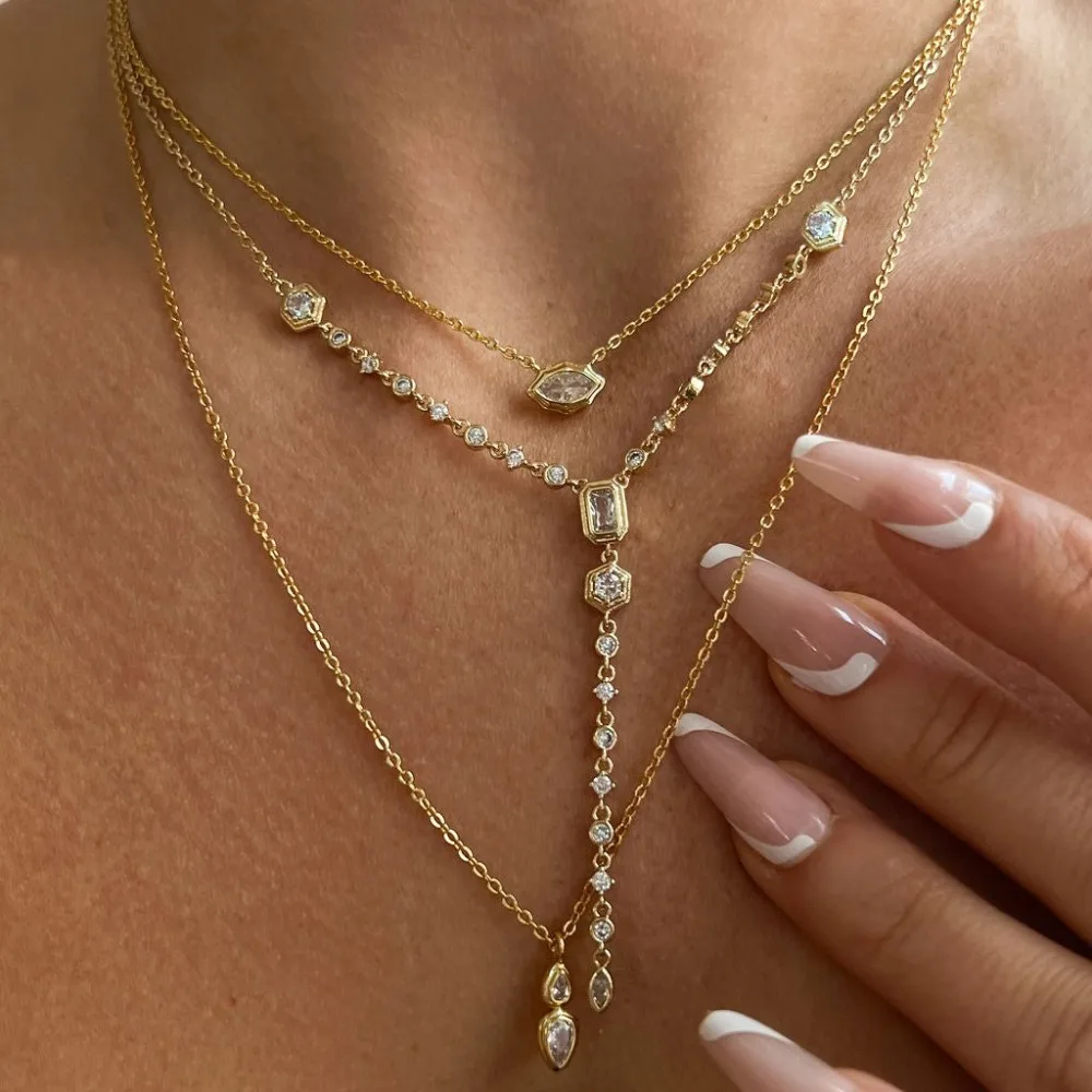 Minimalist Silver Marquise Cubic Zirconia Necklace, Dainty Single/Double Stone Pendant Daily Layering Elegant Women Jewelry