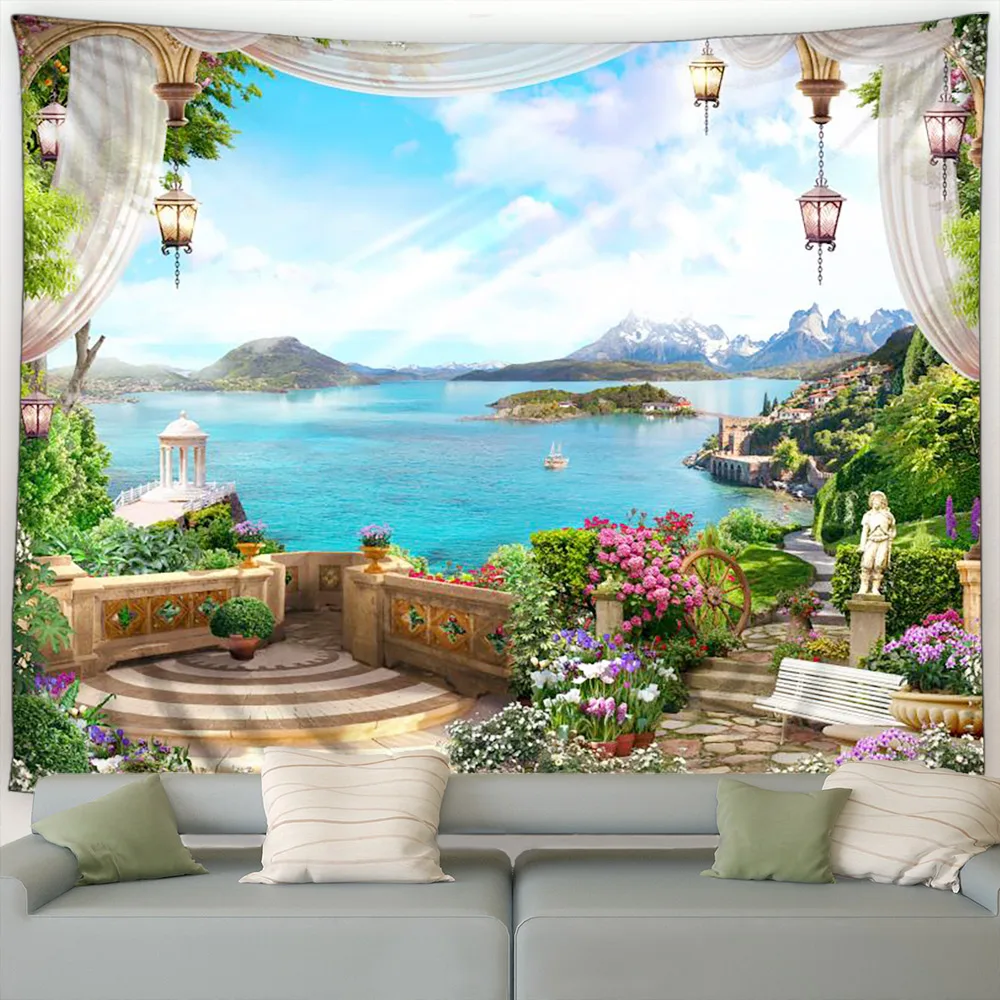 Seaside Landscape Tapestry Pink Flowers Plant Trees European Style Ocean Scenery Garden Wall Hanging Home Living Room Decoration