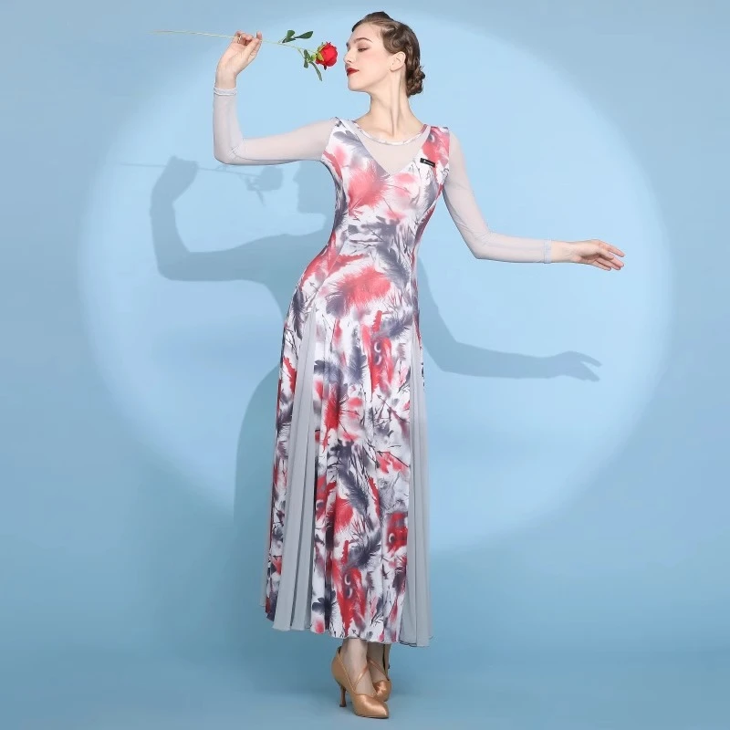 

Long Sleeve Modern Social Dance Flower Print Dress Women Adult Waltz Foxtrot Tango Quickstep Professional Dancing Costume