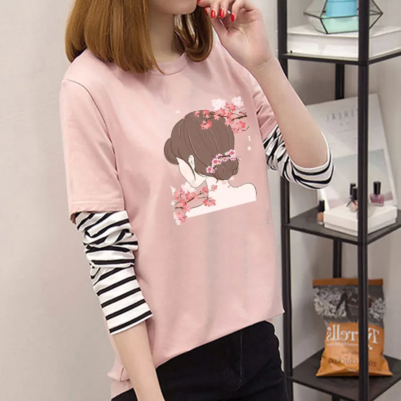 2023 Frühling Herbst koreanischen Cartoon-Druck T-Shirts Frauen Langarm gefälschte zweiteilige T-Shirt lose junge Grill Oberbekleidung schwarze Tops