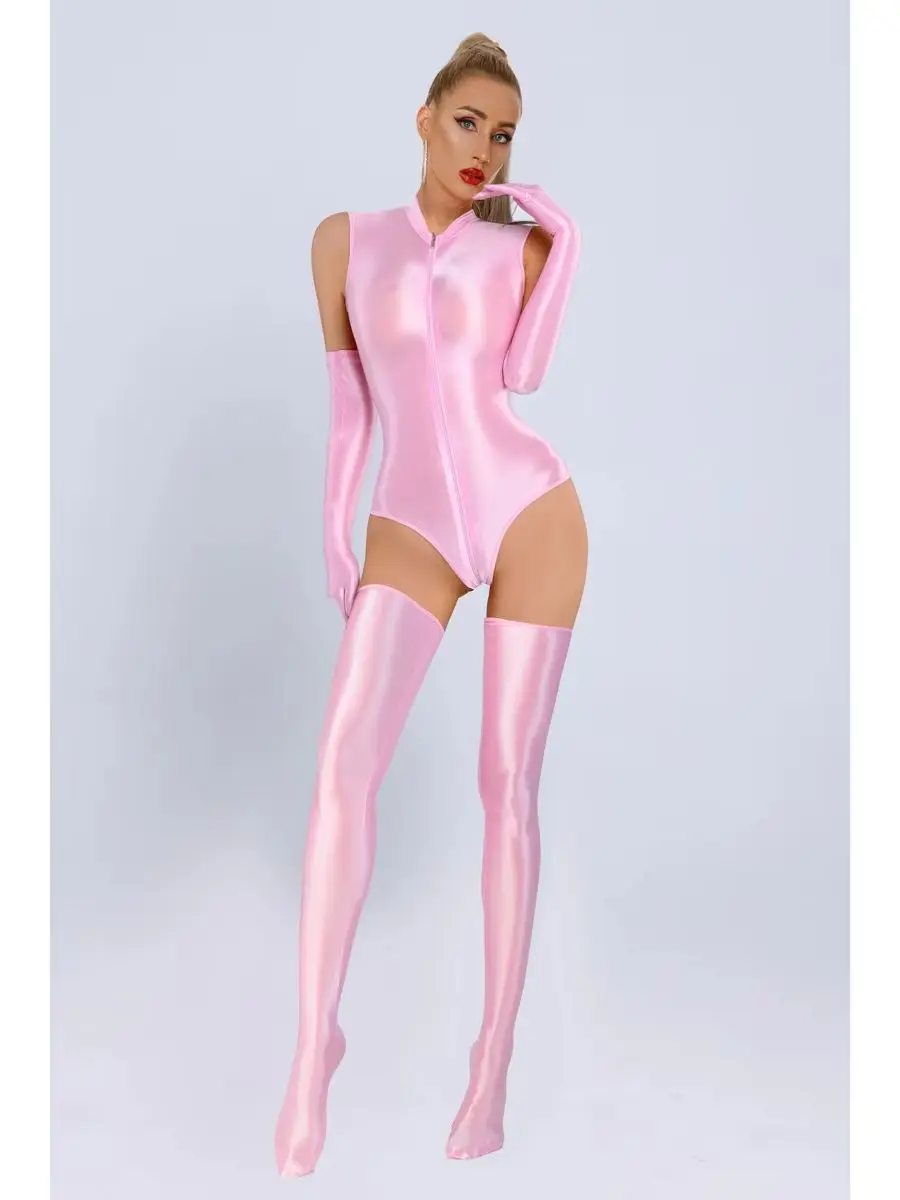 New Glossy Shiny Sleeveless Nylon Catsuit Two Way Zipper Crotch Bodysuit Elastic Tank Body Top Tights Teddies Sukumizu Swimsuit image 2