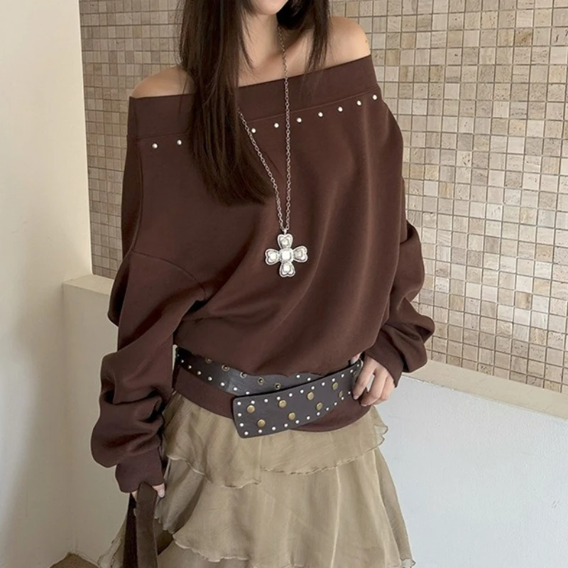 العصرية الشارع مائل الكتف المسامير نسخة كبيرة الرجعية الخريف خارج الكتف فضفاضة عارضة سترة #1