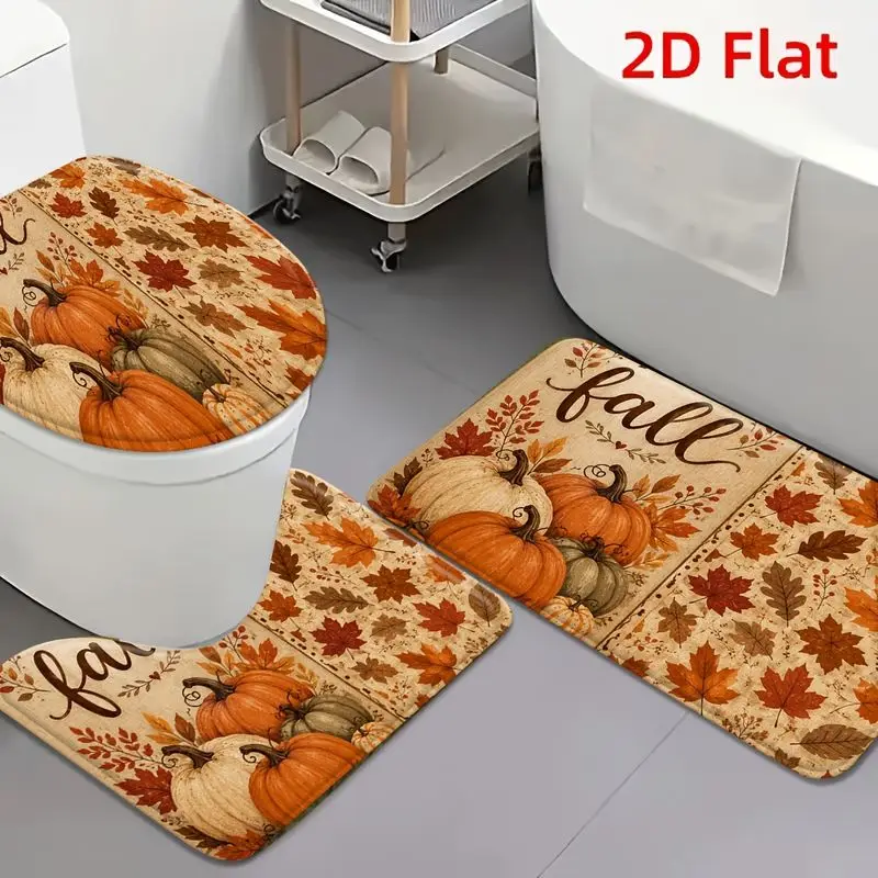 VIKAMA Fall Pumpkin Bathroom Rug Set 3 Piece Toilet Seat Cover Non Slip Absorbent For Bath Tub Shower Autumn Thanksgiving Decor