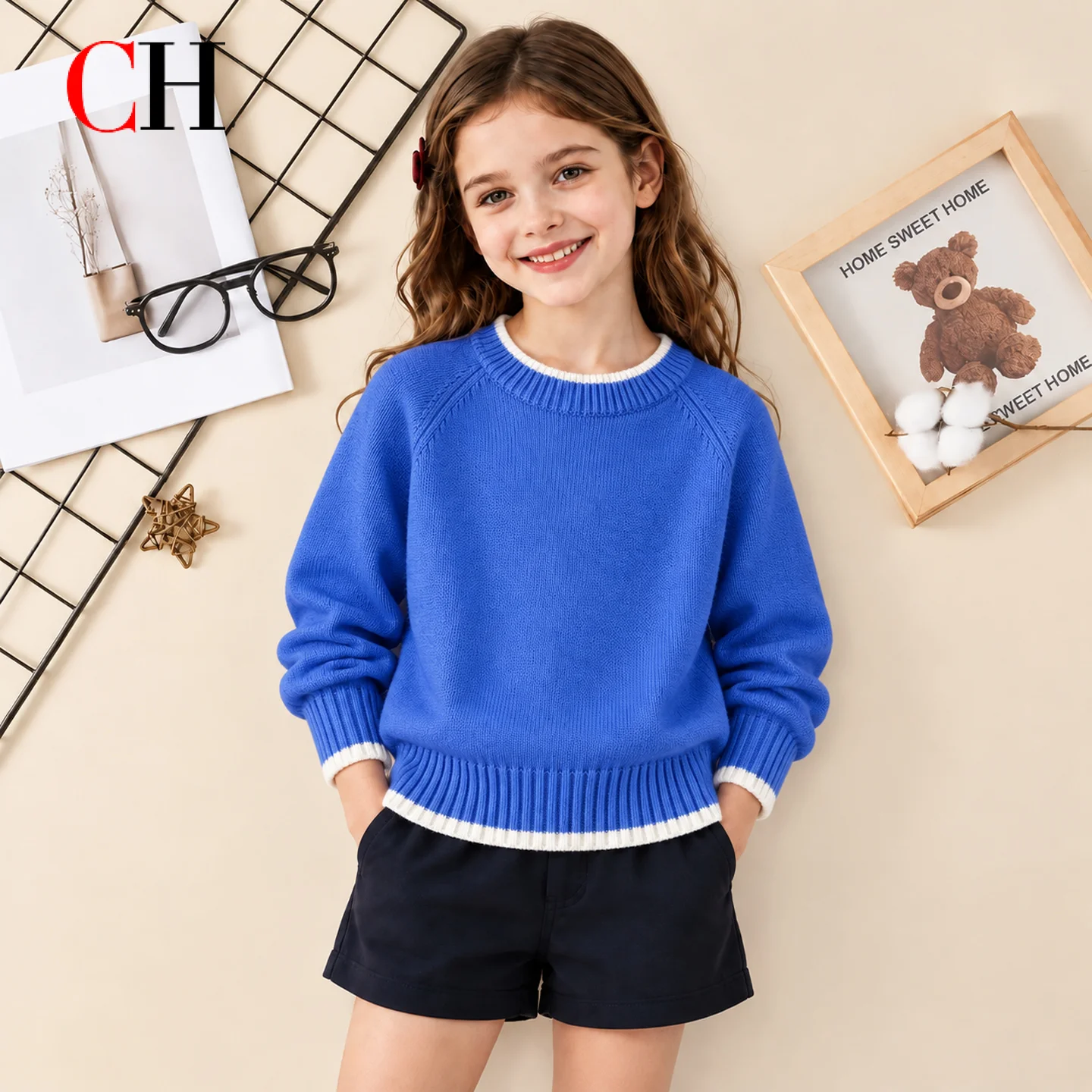 CH Girls Sweater Kids Knit Pullover Long Sleeve Crew Neck Color Block Jumper Casual Soft Top Autumn Winter Clothing