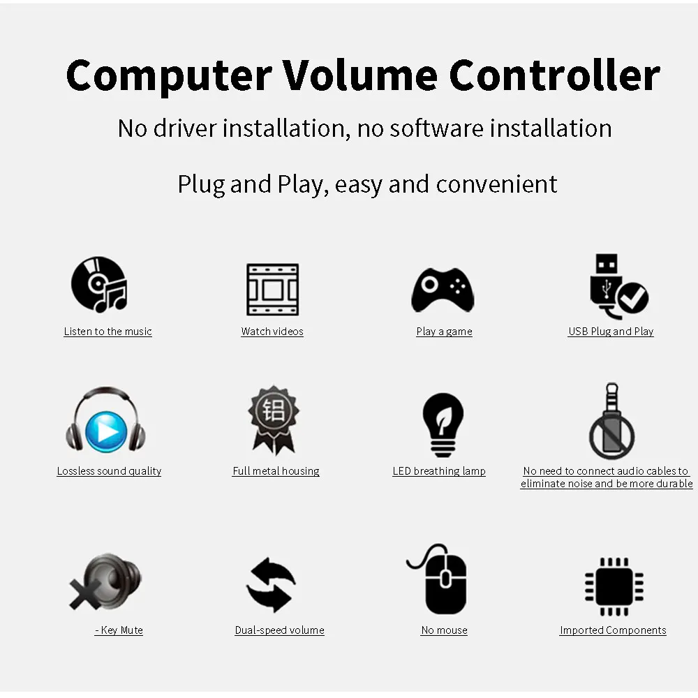 Áudio USB Volume Control Knob, Um Botão Função Mudo, Mini Controlador para Laptop, Plug and Play, PC Speaker, Regulador
