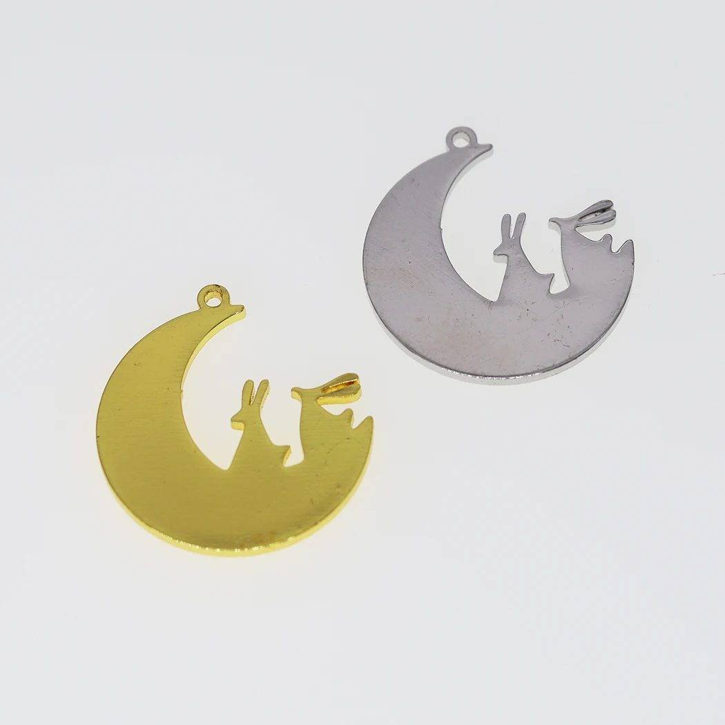 5PCS DIY Stainless Steel Rabbit On The Moon Silhouette Animal Necklace Women Handmade Crescent Moon Bunny Charm Pendant