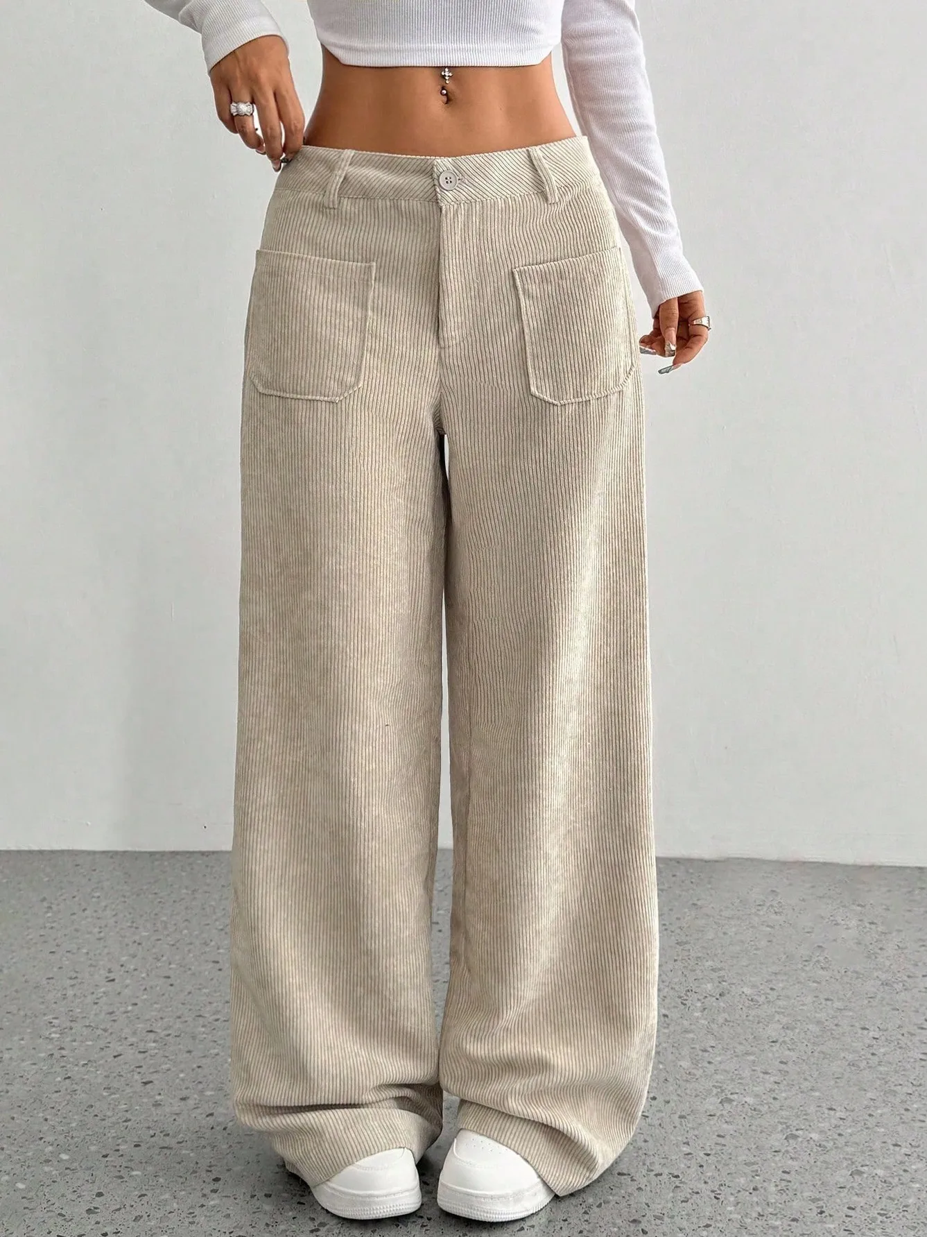 Women High Waist Corduroy Wide Leg Pants Striped Loose Floor Length Trousers With Pockets Button Zip Fly Casual Fashion Ladies D