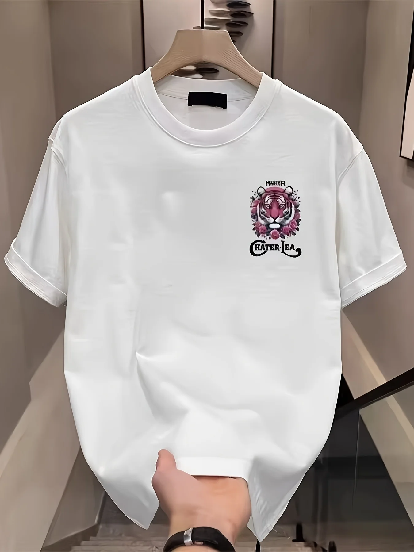 Sommer Herren 100% Baumwolle Lockeres T-Shirt Rosa Tigerkopf Rosen-Blumen Rückendruck Rundhals Kurzarm Streetwear Lässiges Tee-Oberteil – Detail 2