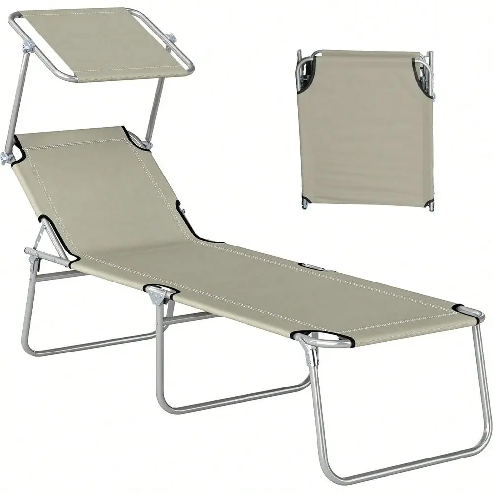 

Lounge Chair, Adjustable Folding Chaise Lounge, Tanning Chair With Sun Shade For Beach, Camping, Hiking, Backyard, Blue And Whi