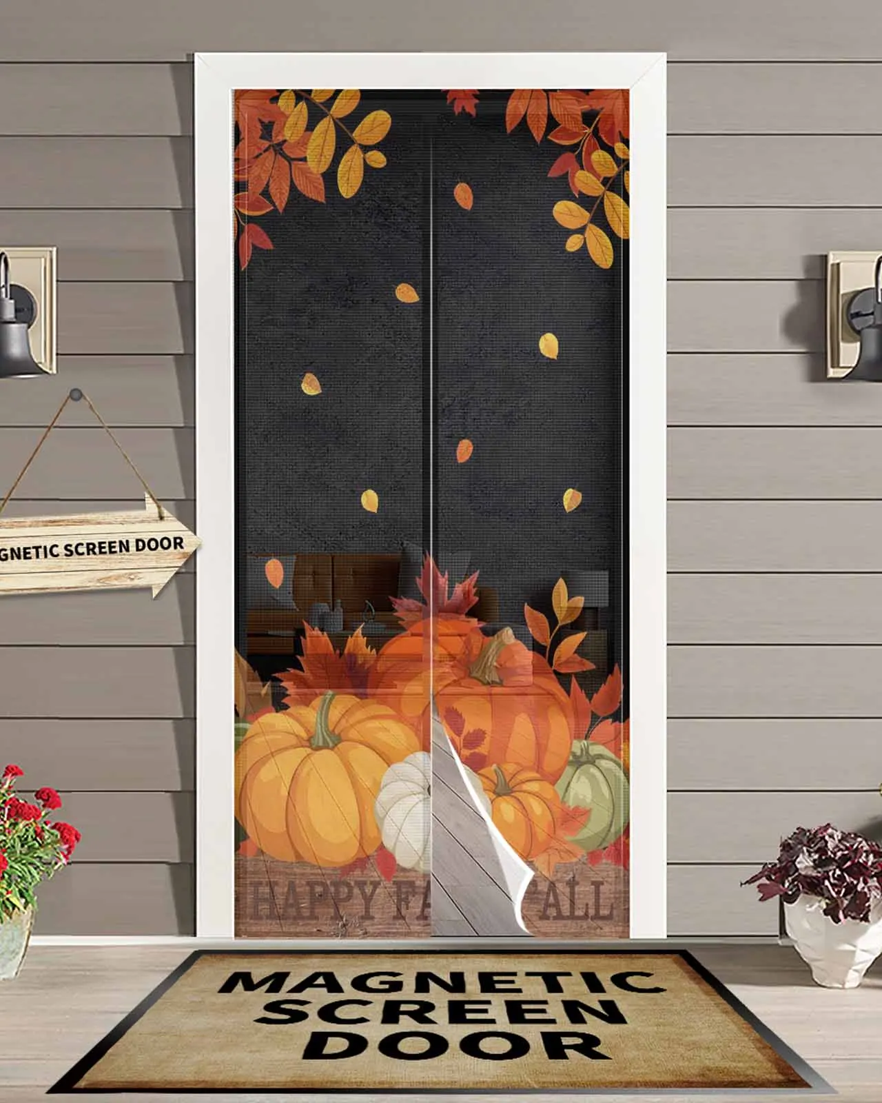 

Черный фон тыквенные листья магнитная дверная занавеска для гостиной спальни дома антимоскитная занавеска для двери