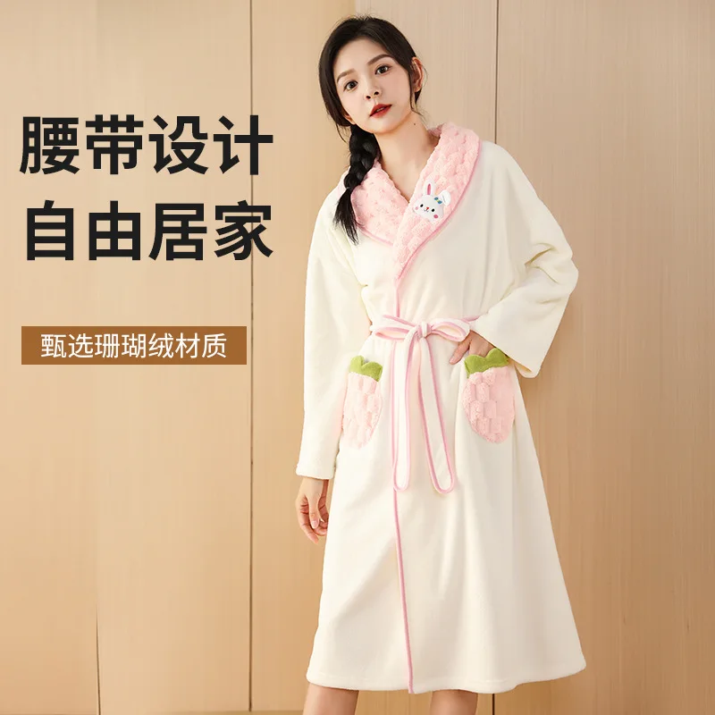 Generic Womens Long Sleeve Collar Bathrobe Coral Fleece Absorbent Quick Dry Loungewear With Belt For Home Hotel Shower Use