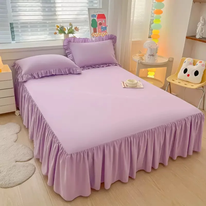 2pcs Princess Style Cotton Solid Color Lotus Leaf Lace Pillowcase Ins Soft Breathable Pillow Core Protective Cover Cushion Cover