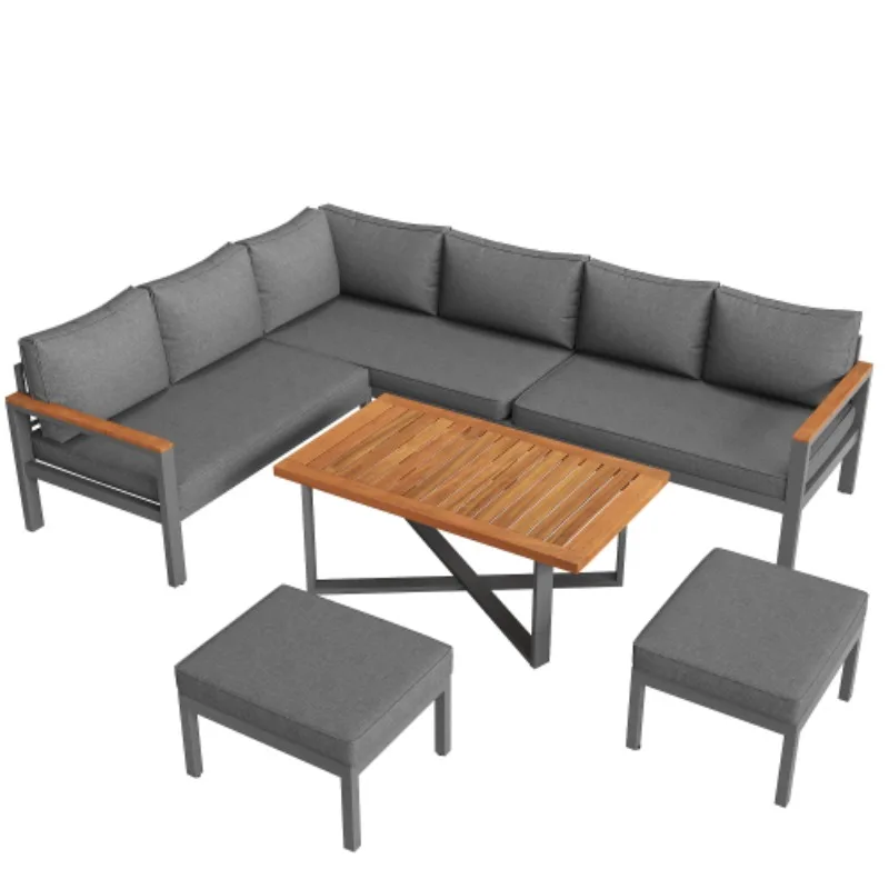 Ensemble de salon d'extérieur pour 7-8 personnes avec 3 canapés doubles, 2 fauteuils simples et table basse, ensemble de meubles de patio résistant aux intempéries avec structure en acier galvanisé, plateau de table en bois, coussins en polyester pour jardin, balcon, terrasse
