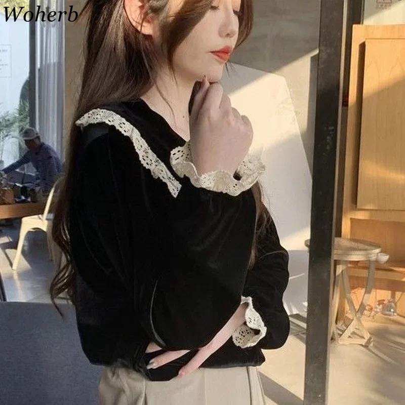 Woherb Vintage Lace Patchwork Blouse Women Black Velvet Long Sleeve Shirt 2024 Autumn Casual Loose Tops Blusas Chemisier Femme