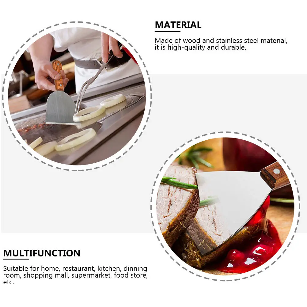 

3Pcs Steak Spatulas Wooden Handle Stainless Steel Cooking Turner Kitchen Gadget for Teppanyaki Grill Pancakes Bbq Shredded Cake