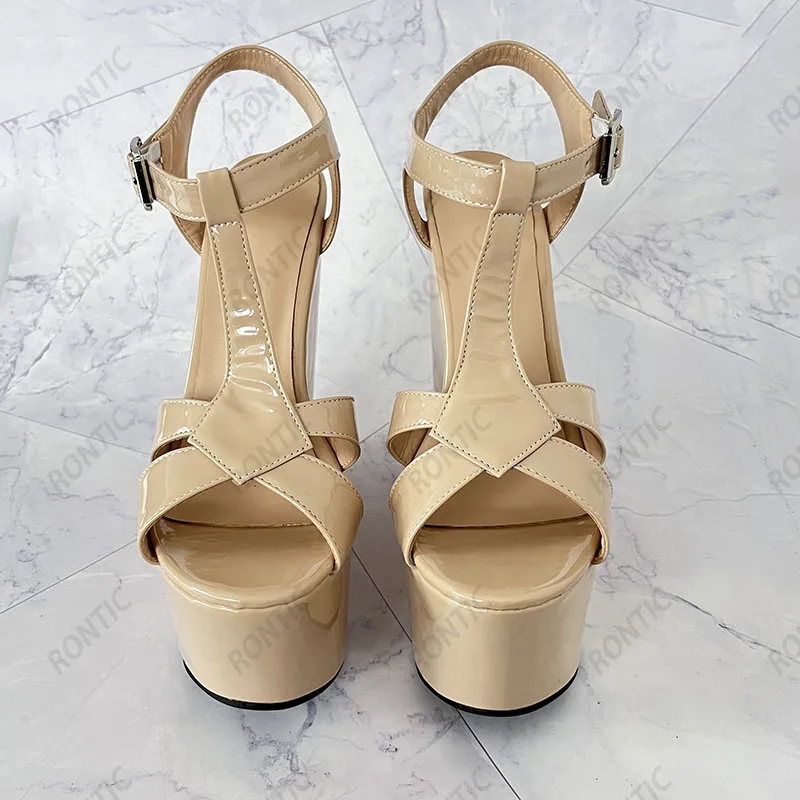 Rontic New Women Summer Platform T-strap Sandals Wedges High Heels Round Toe Beautiful Beige White Party Shoes US Plus Size 5-15