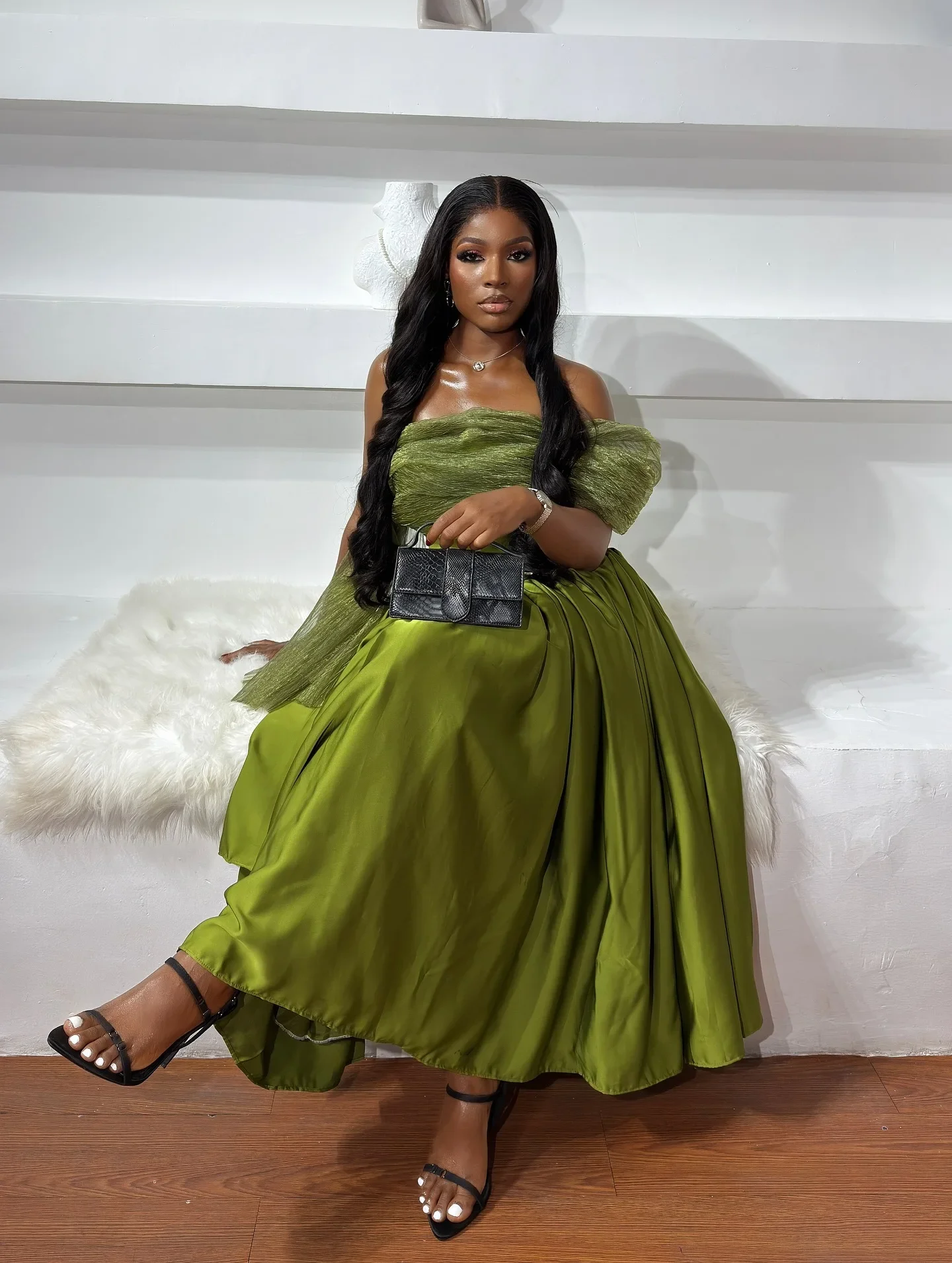 정교한 그린 A라인 발목 길이 여성 드레스 웨딩 파티용 원숄더 아프리카 여성 드레스