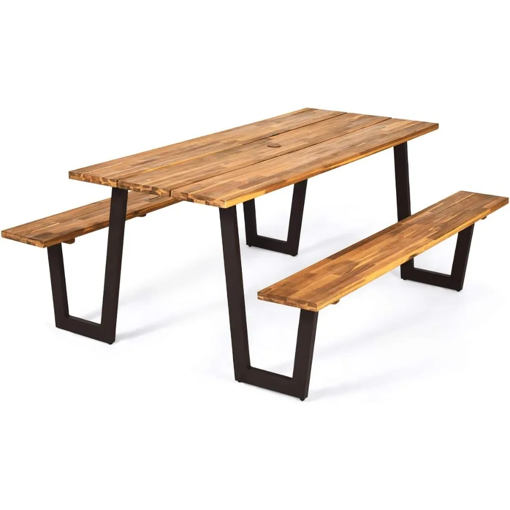 

Picnic Table Bench Set with Umbrella Hole, Outdoor Dining Table Set, Acacia Wood Picnic Beer Table with Metal Frame