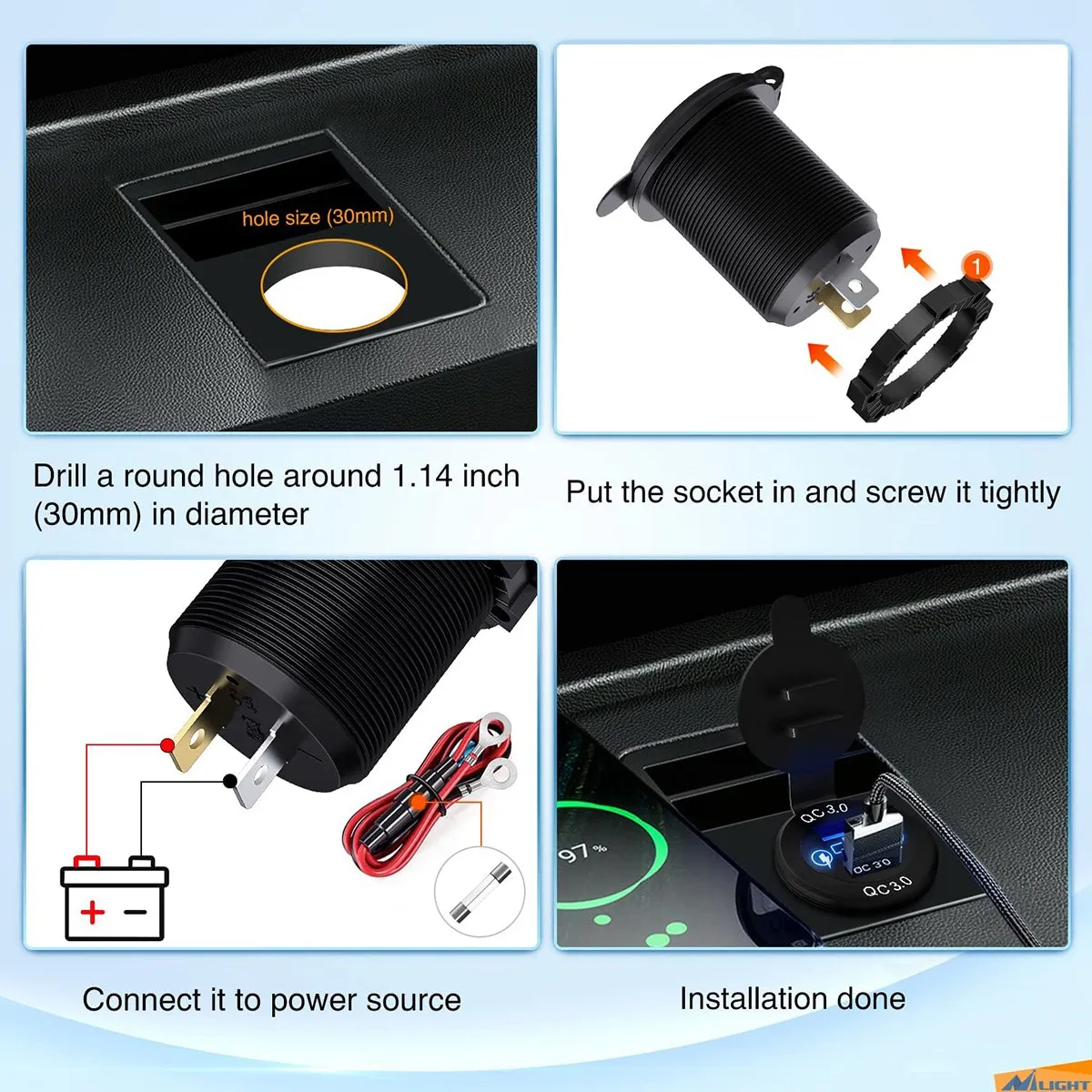 Tomada múltipla do carregador do carro com interruptor de toque, carga rápida, rápido, PD 3.0, 2 portas QC3.0, 60W