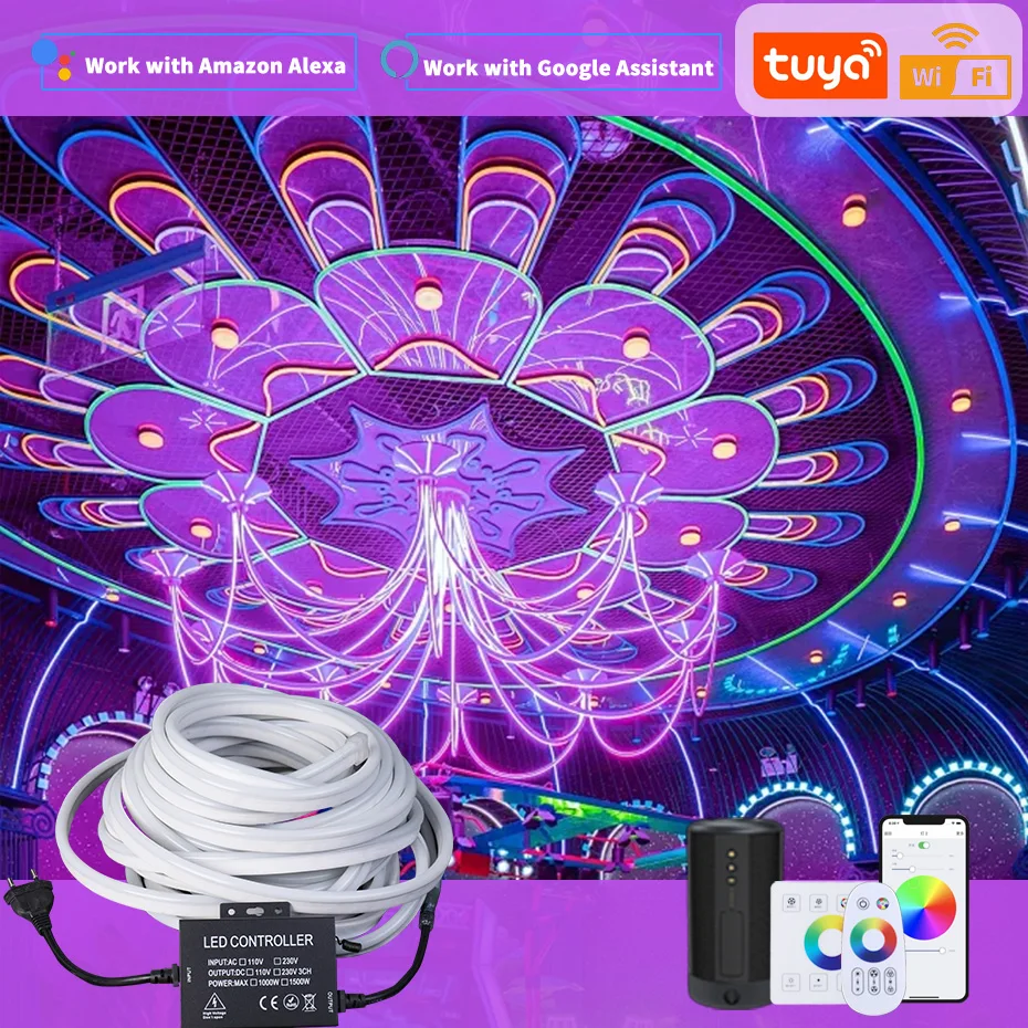 

UK Plug 220V RGB Led Neon Light RF Remote Control LED Strip Lights Waterproof RGB Tape Music Sync For Room Lighting Deocoration