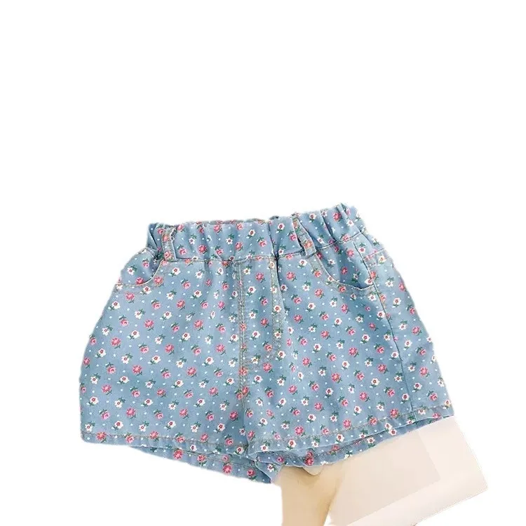 2025 Summer Girls' New Set Imitation Denim Floral Collar Small Shirt with Shorts Two Pieces