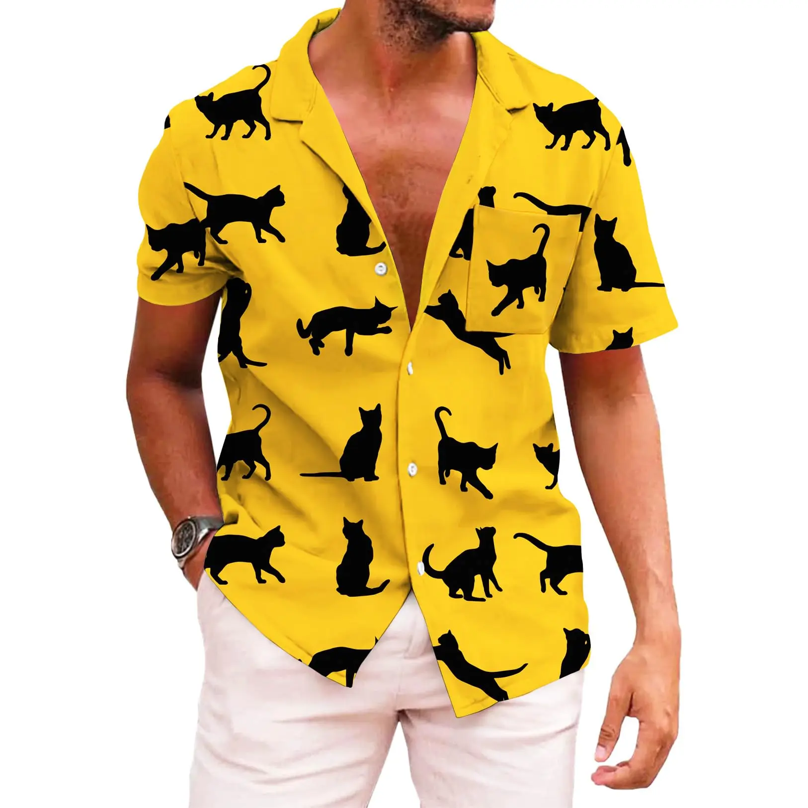 

HX Fashion Mens Shirts Cats Yellow Hawaiian Printed Short Sleeve Shirt for Men Beach Shirts Vacation Shirts Dropshipping