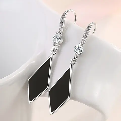 Stamp 925 Silver Needle Black Rhombus Dangler Zircon Drop Earrings For Women Trendy Jewelry Girl Gift New