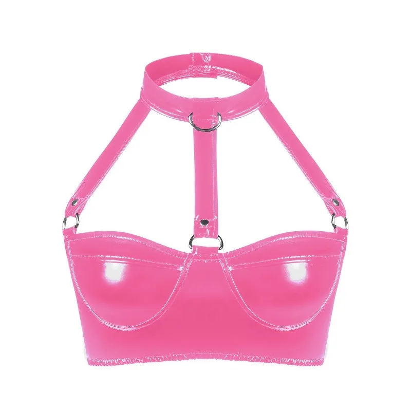 Pink Lingerie Women PU Leather PVC Bra Exotic Button Halter Latex Bralette Tops Novelty Costumes Nightwear Pornos Stage Bra