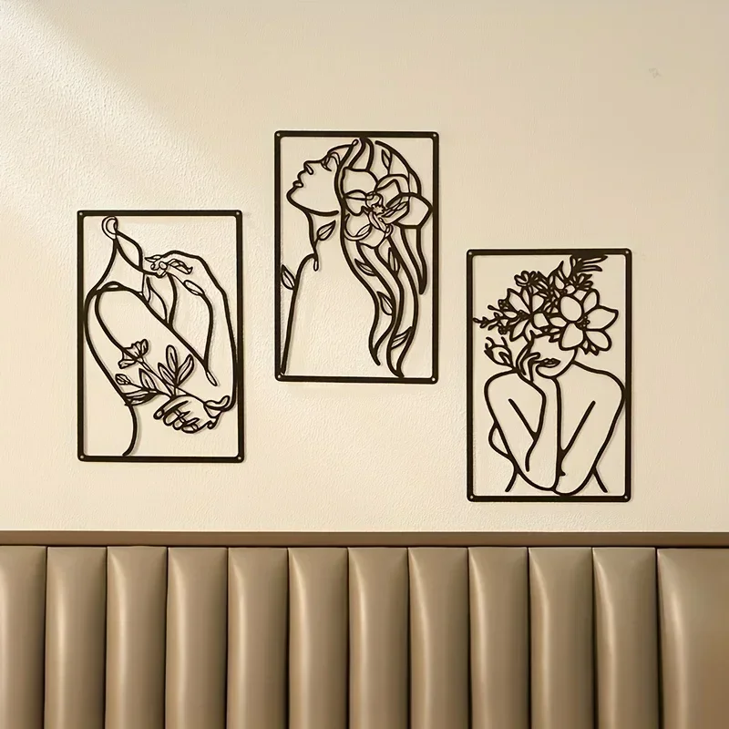 Décor d'art de dessin au trait moderne de femme abstraite minimaliste, métal de fer, mur de confrontation, décor d'art à la maison, singl féminin en métal, 3 pièces