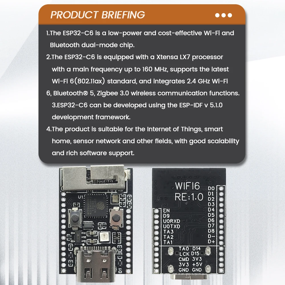 Wifi6 ESP32 C6 Development Board RISC-V 32-Bit ESP32-C6 N4 BT Wifi Module with Crystal Oscillator RGB LED 4MB FLASH USB Type-C